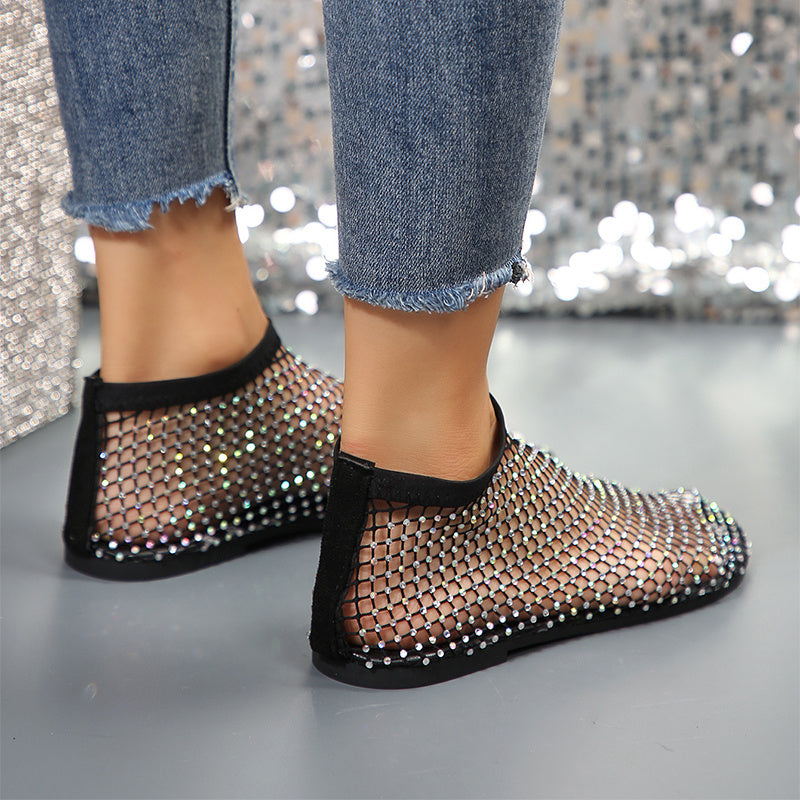 Nouvelles sandales plates creuses avec strass, chaussures d'été à bout rond pour femmes