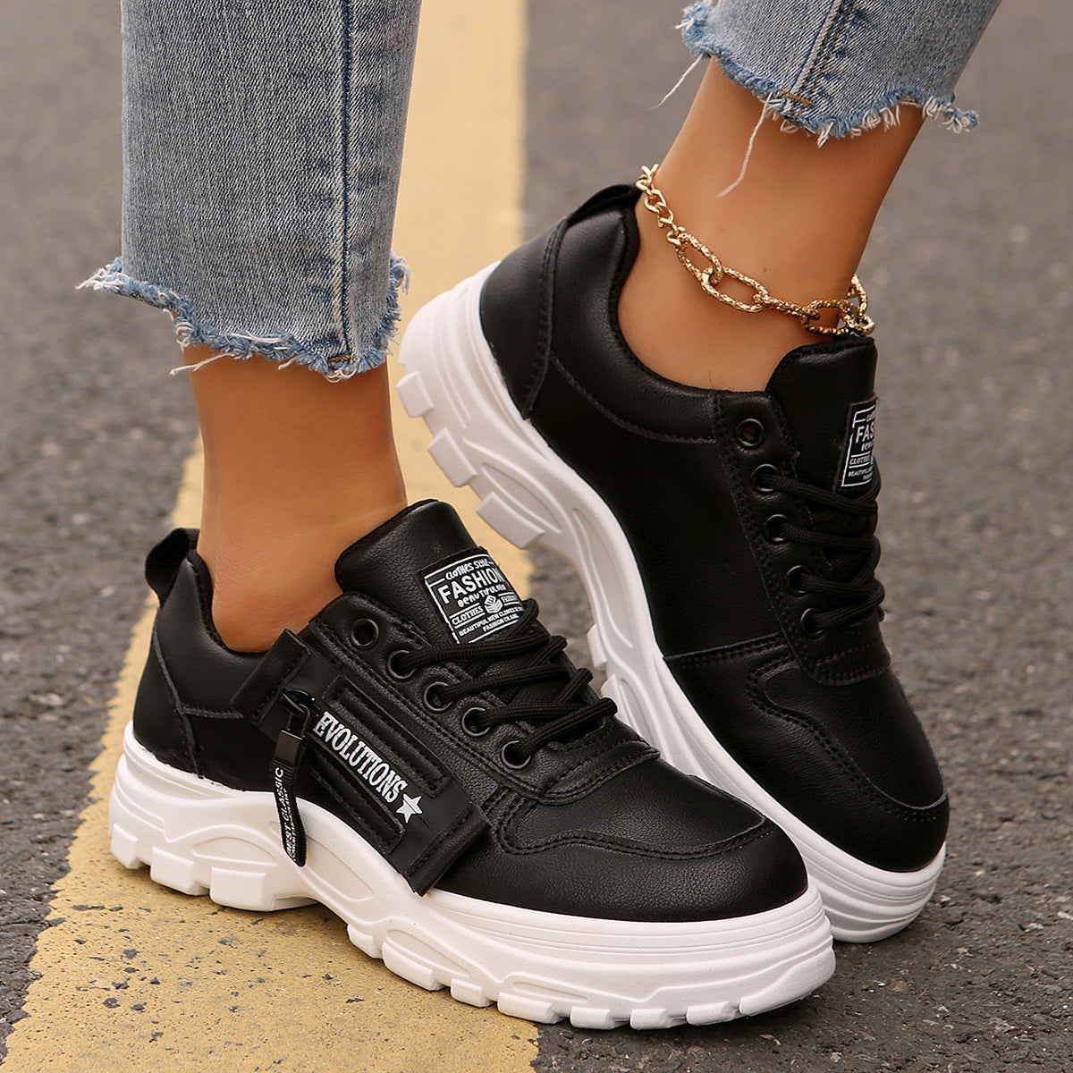 Sportschuhe zum Schnüren mit seitlichem Reißverschluss-Design, modische Freizeitschuhe mit runder Spitze und dicker Sohle für Damen-Sneaker