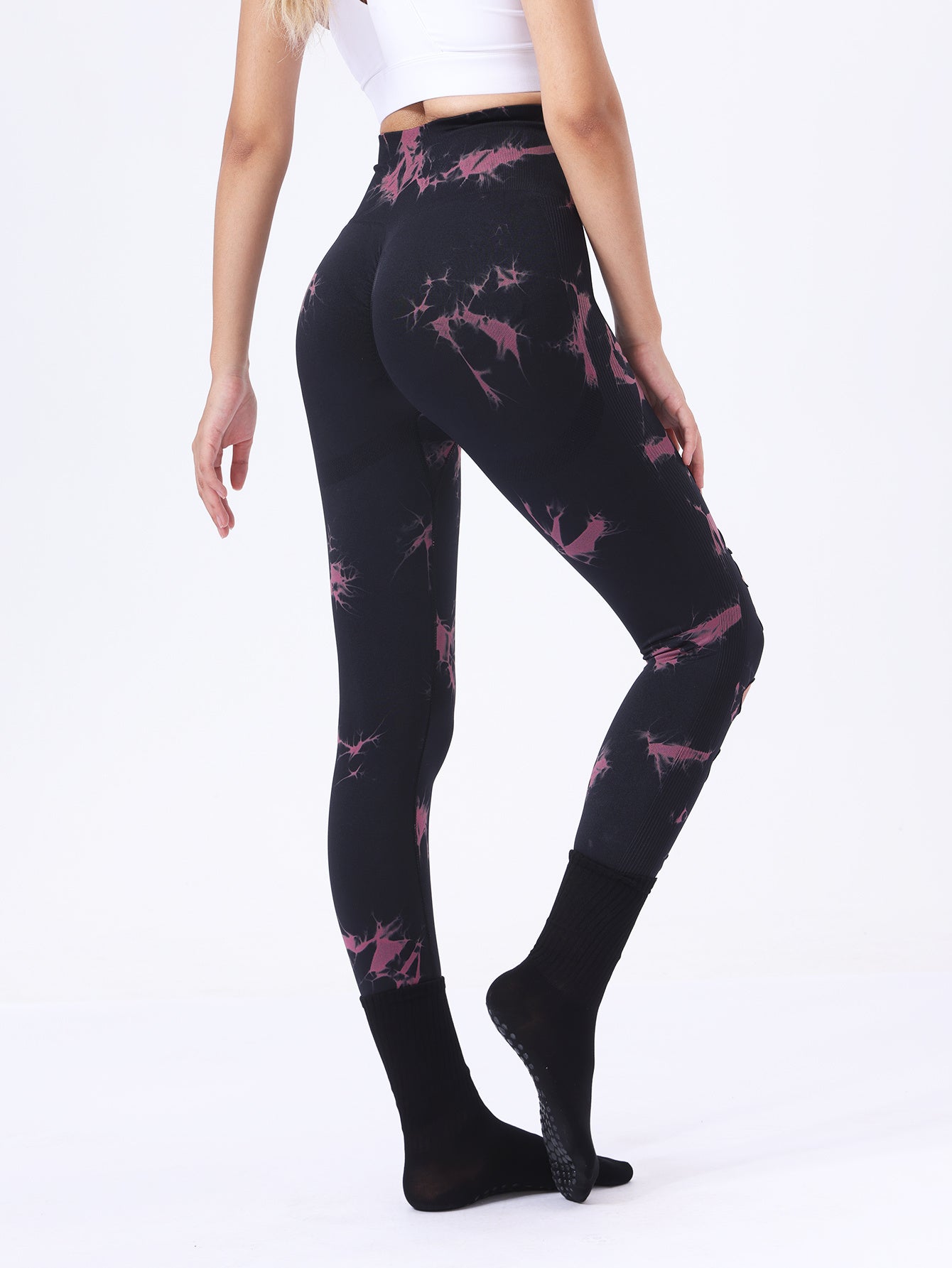 Po-Lifting-Yoga-Fitness-Sporthose, ausgehöhlte Bauchkontrolle-Sport-Leggings mit Batikmuster, Laufhose