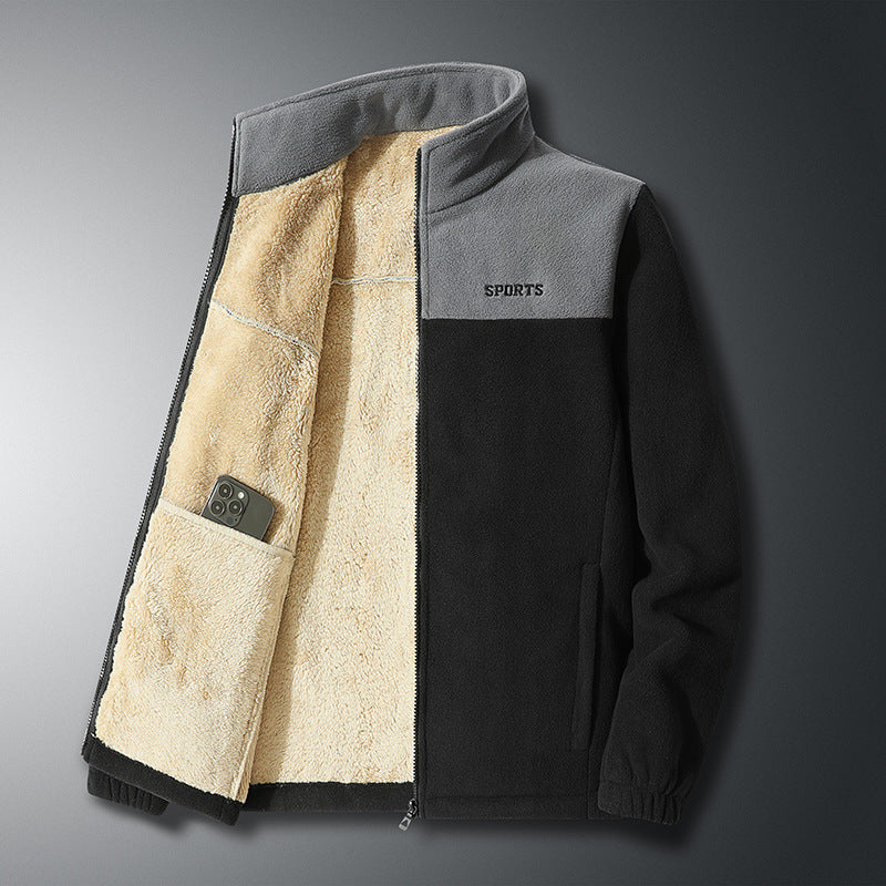 Farbabstimmender Fleece-Pullover für Herren Herbst- und Winterjacke Bestickter dicker Cardigan Doppelseitige Polar-Fleecejacke für Herren