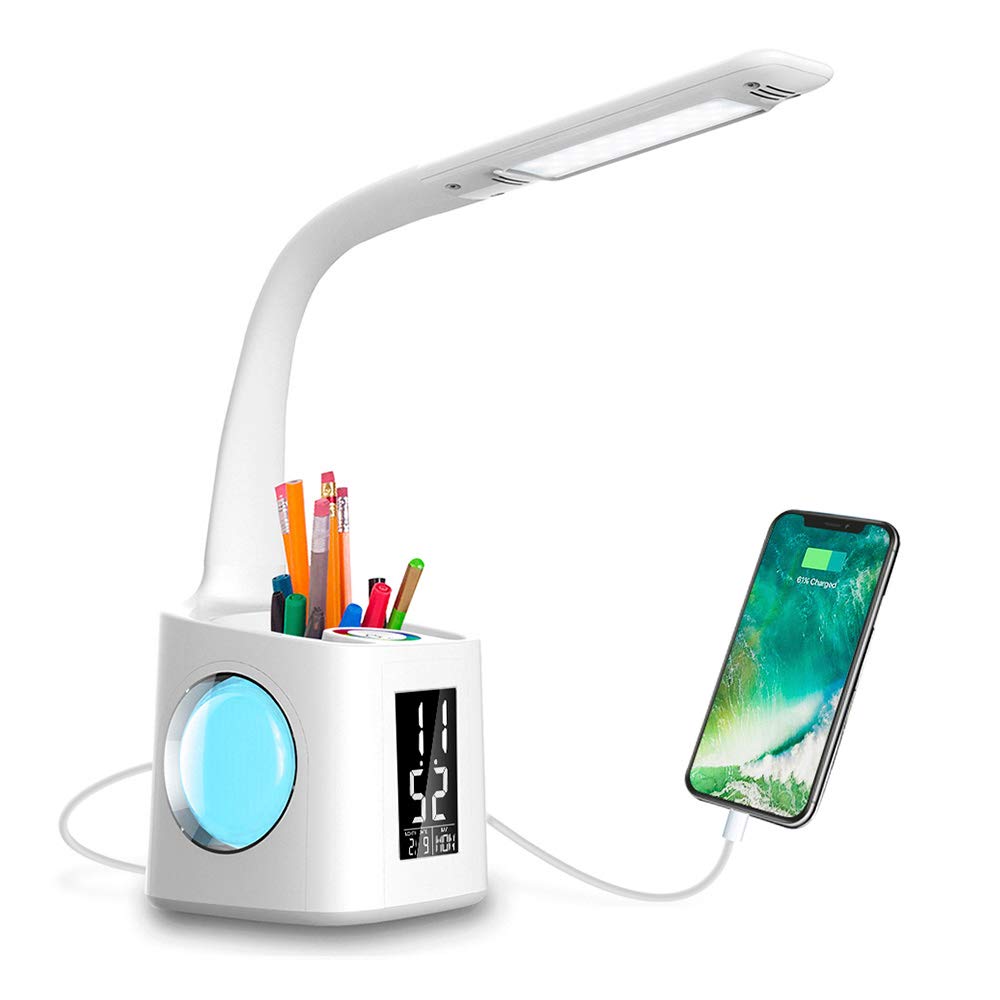 Studie LED-Schreibtischlampe USB-Ladeanschluss & Bildschirm & Kalender & Farben Nachtlicht Kinder Dimmbare Tischlampe mit Stifthalter