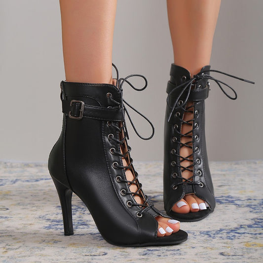 Damen Peep Toe High Heel Pumps Schuhe Modische Sandalen mit Schnürung und Schnalle und Reißverschluss hinten