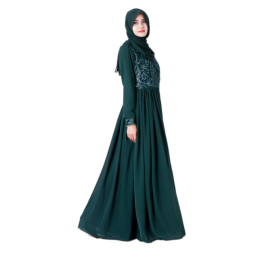 Robe longue musulmane brodée en dentelle à manches longues