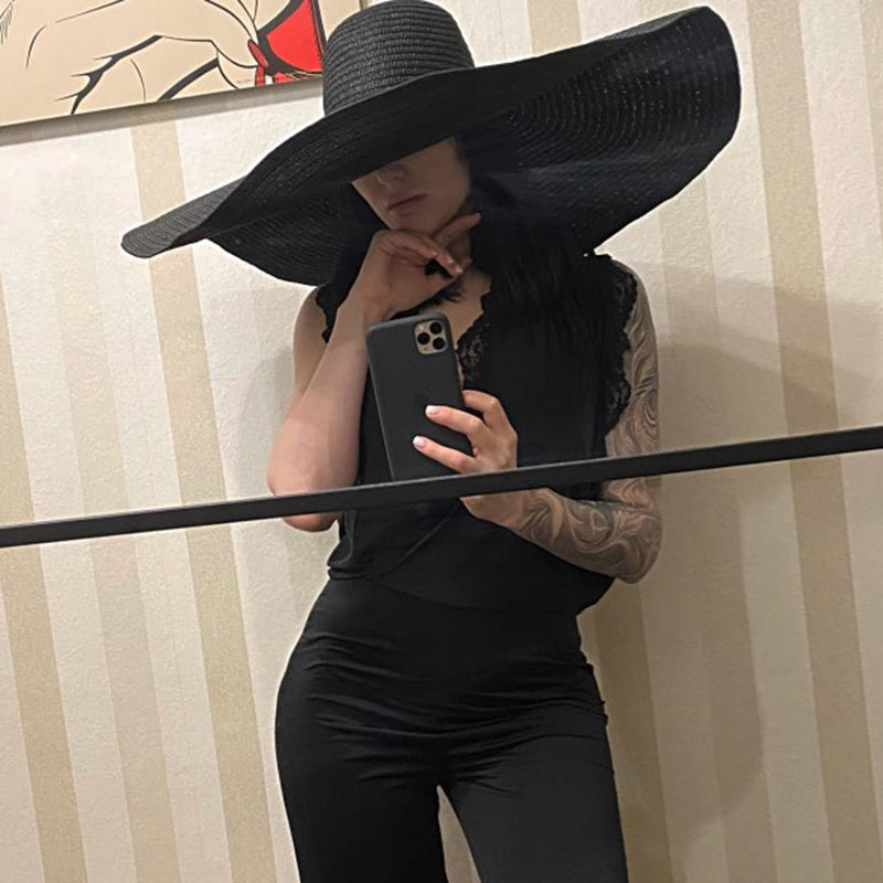 25CM Breite Krempe Übergroßen Strand Hüte Für Frauen Große Stroh Hut UV Schutz