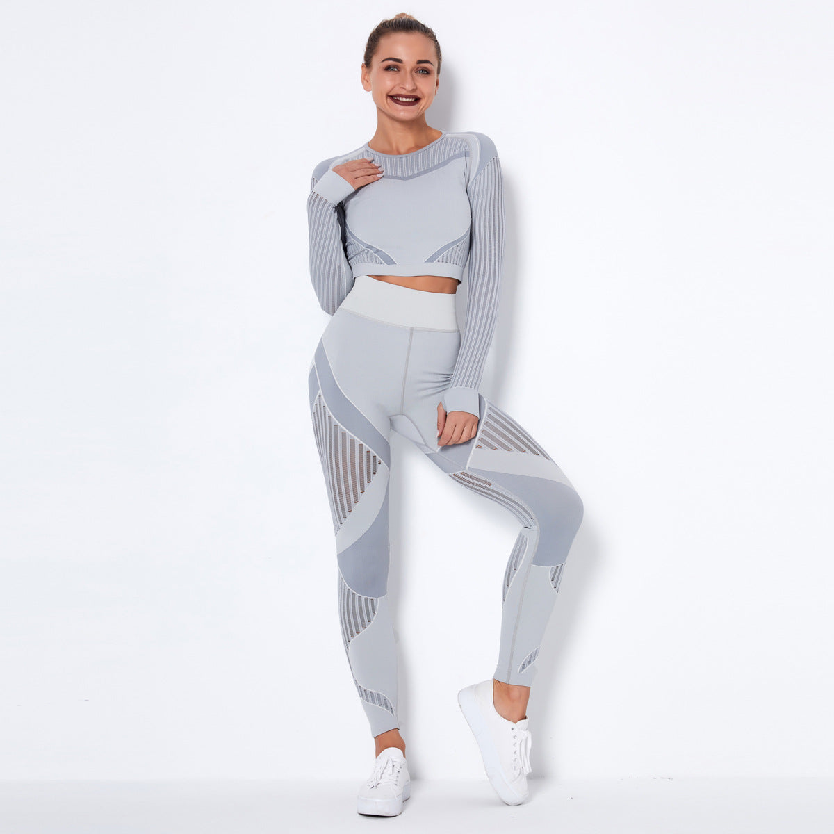 Nahtloser gestrickter, saugfähiger Yoga-Langarm-Anzug Yoga-Einteiler