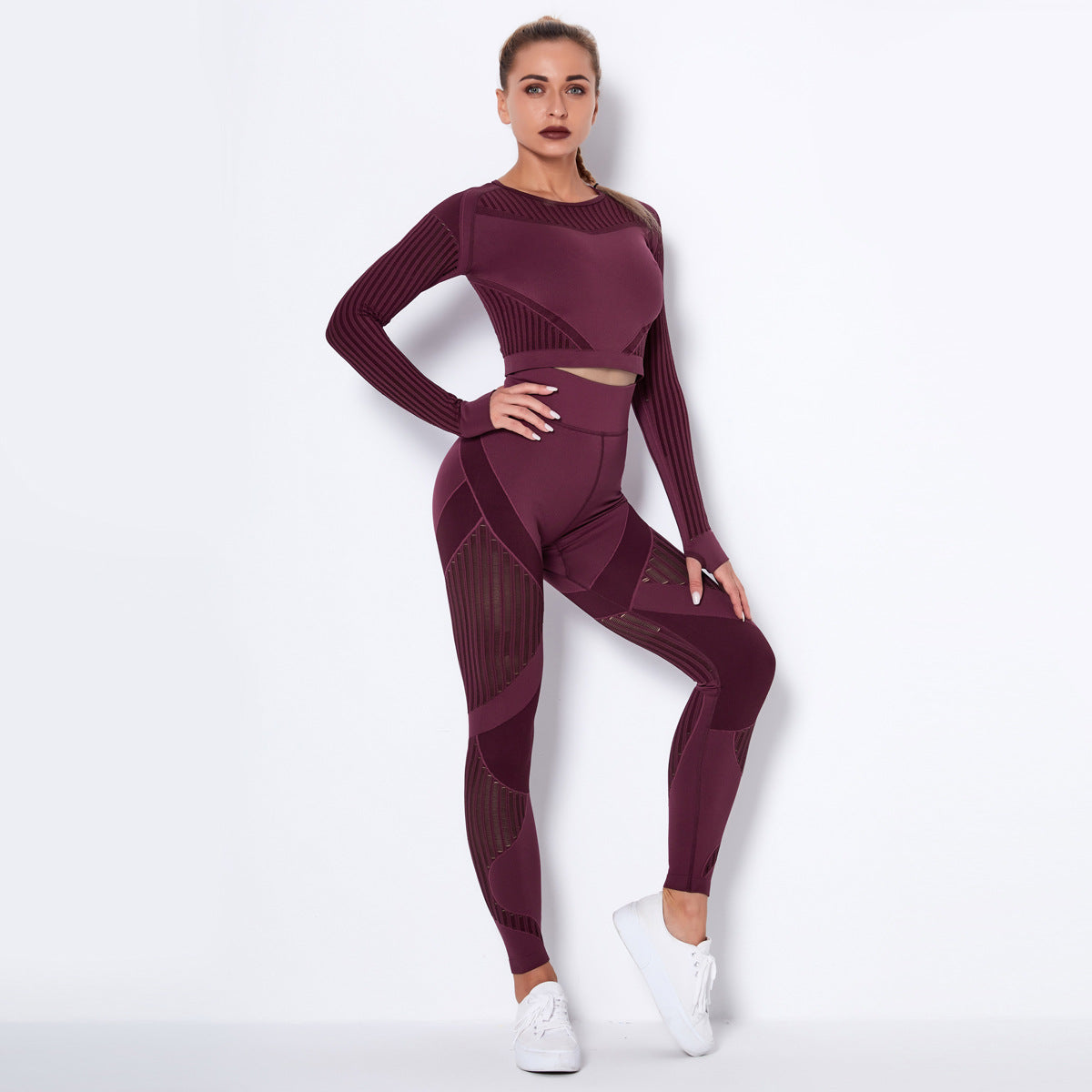 Nahtloser gestrickter, saugfähiger Yoga-Langarm-Anzug Yoga-Einteiler