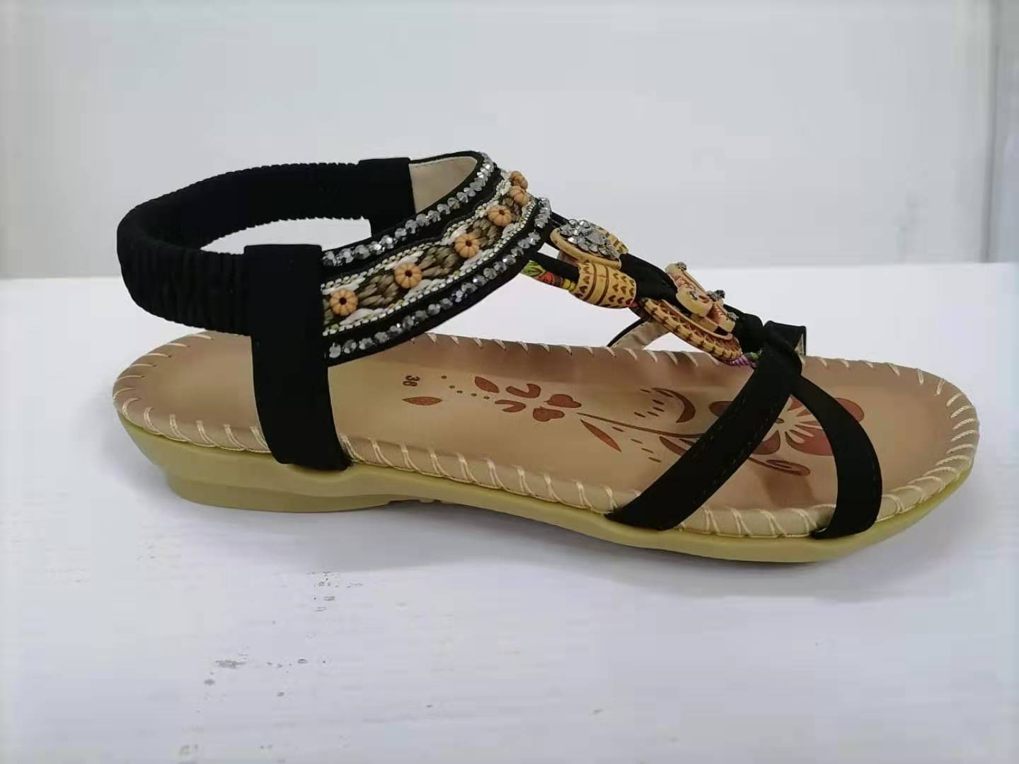 Sandales plates grande taille à fleurs et strass, chaussures de plage