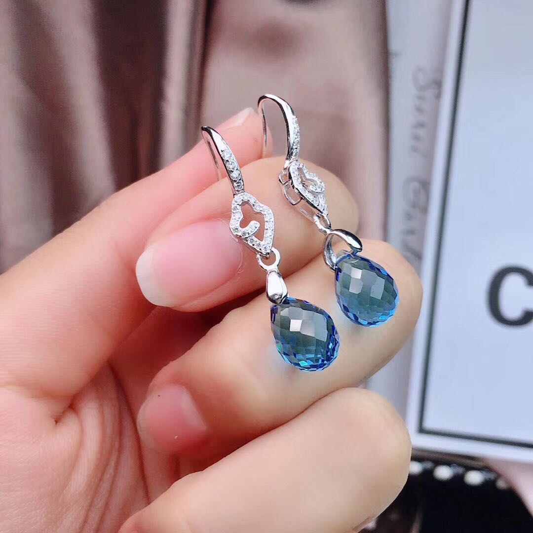 Boucles d'oreilles Topaze Bleue Cristal Simple Argent Sterling Incrusté