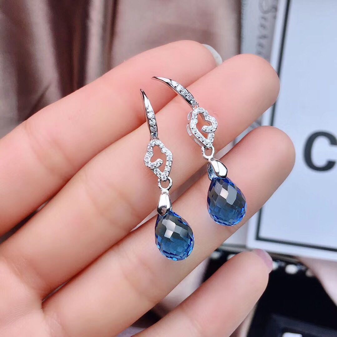 Boucles d'oreilles Topaze Bleue Cristal Simple Argent Sterling Incrusté