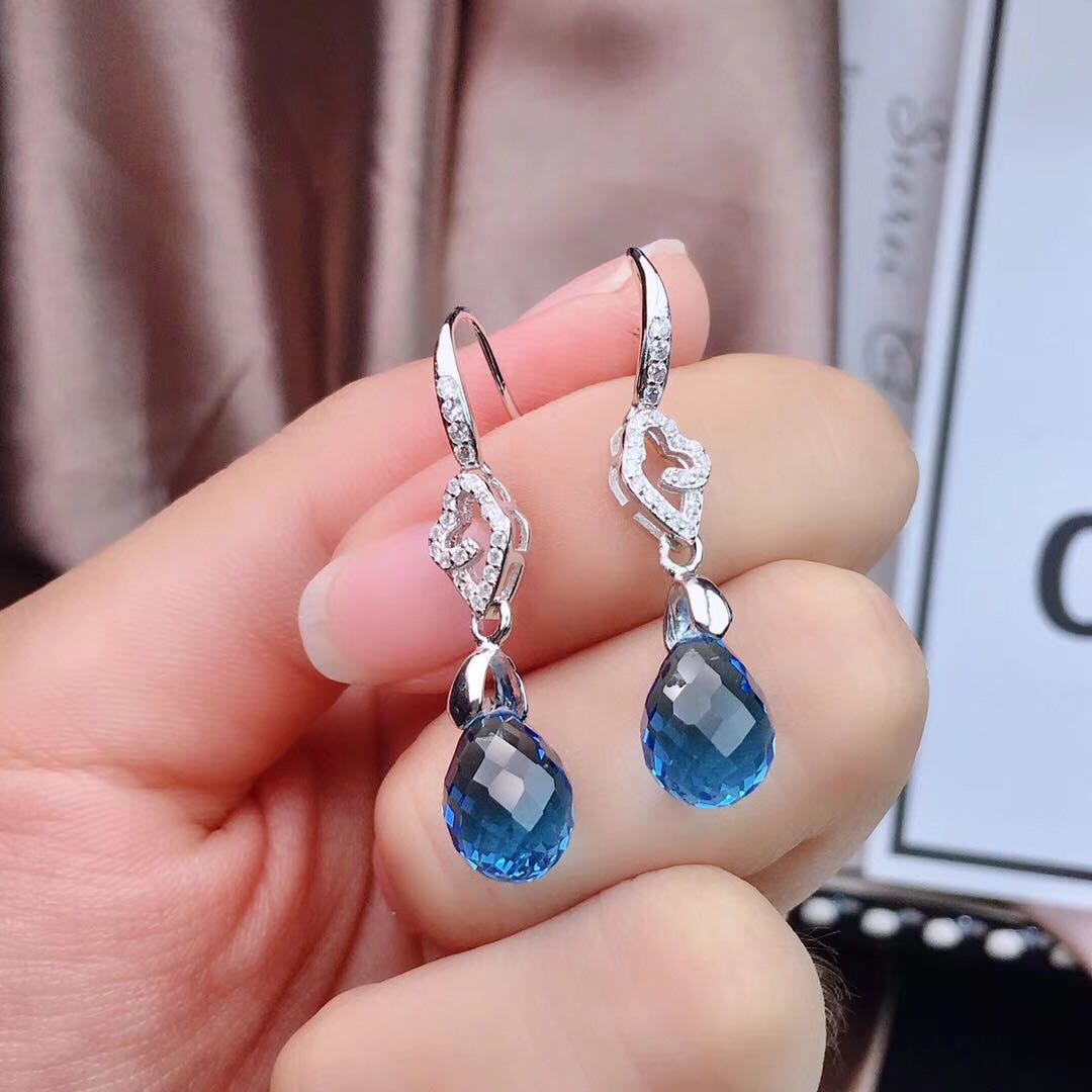 Boucles d'oreilles Topaze Bleue Cristal Simple Argent Sterling Incrusté
