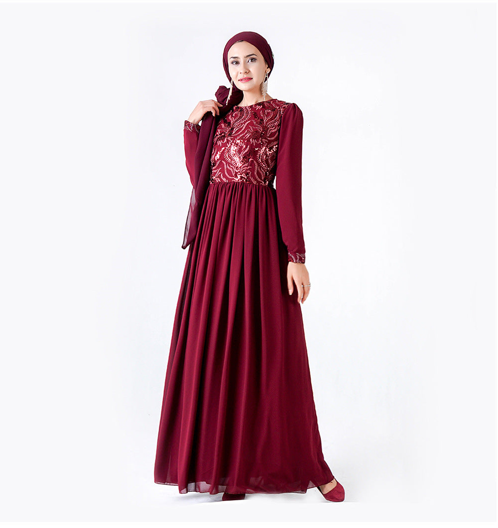 Robe longue musulmane brodée en dentelle à manches longues