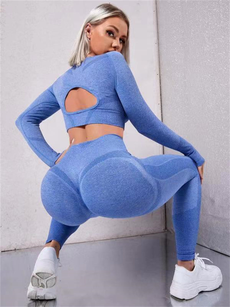 2 pièces Ensembles de sport hauts à manches longues creux et leggings de fitness sans couture taille haute gainante, vêtements de sport pour la gym