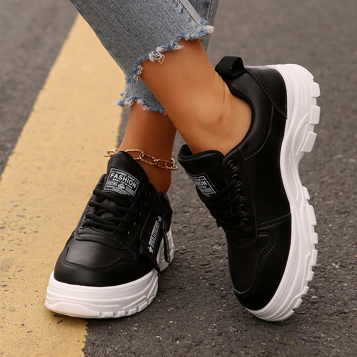 Sportschuhe zum Schnüren mit seitlichem Reißverschluss-Design, modische Freizeitschuhe mit runder Spitze und dicker Sohle für Damen-Sneaker