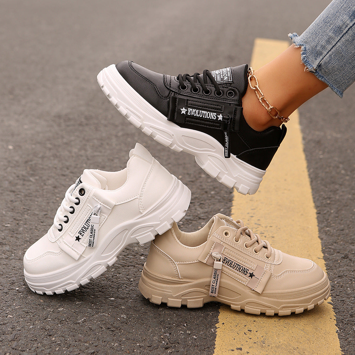 Sportschuhe zum Schnüren mit seitlichem Reißverschluss-Design, modische Freizeitschuhe mit runder Spitze und dicker Sohle für Damen-Sneaker