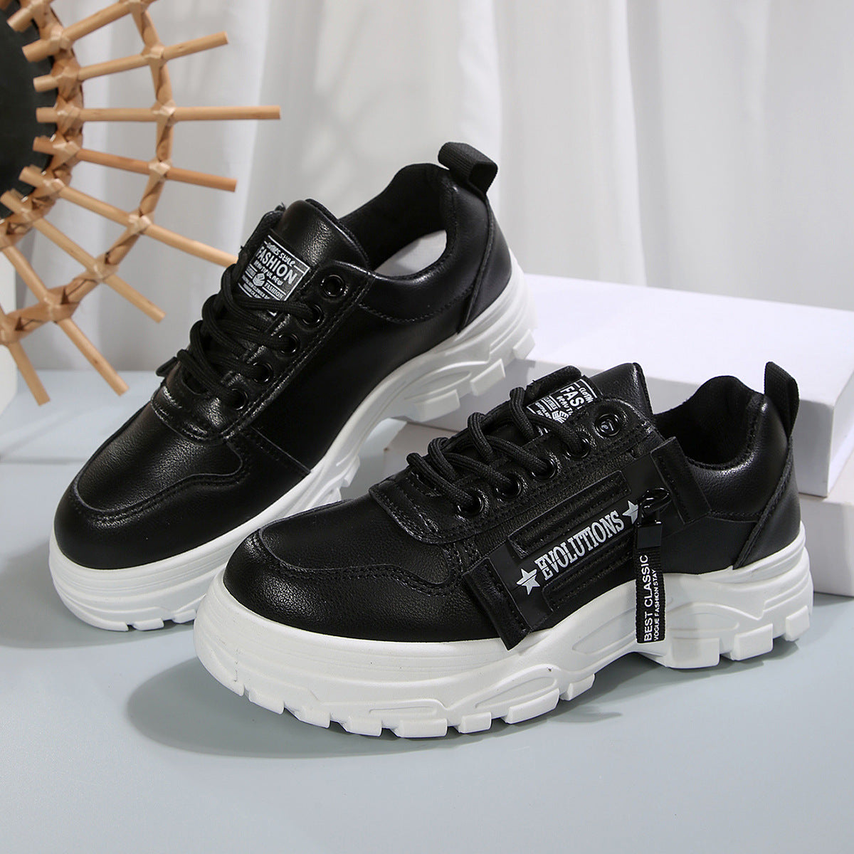 Sportschuhe zum Schnüren mit seitlichem Reißverschluss-Design, modische Freizeitschuhe mit runder Spitze und dicker Sohle für Damen-Sneaker