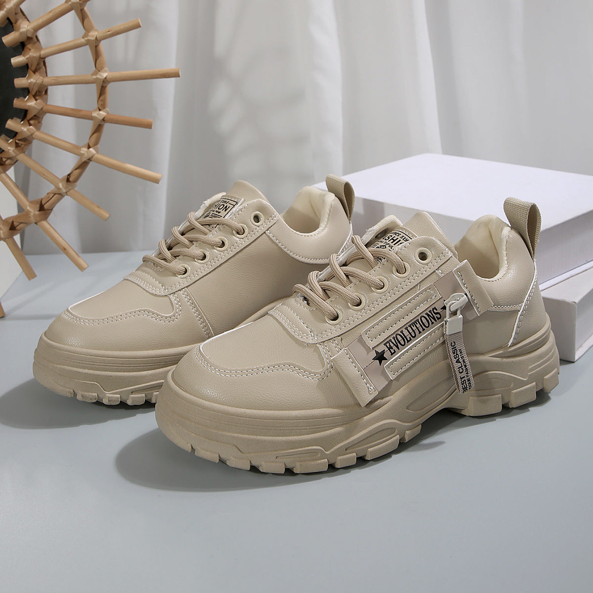Sportschuhe zum Schnüren mit seitlichem Reißverschluss-Design, modische Freizeitschuhe mit runder Spitze und dicker Sohle für Damen-Sneaker
