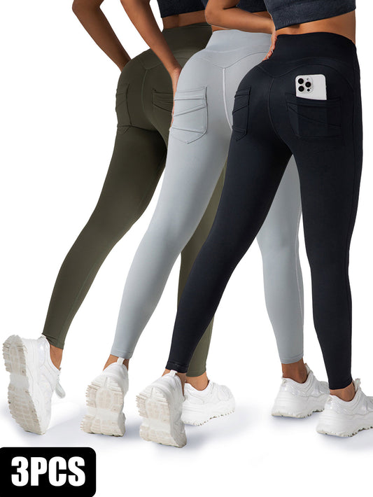 3er-Pack Yoga-Leggings für Damen, 4-Wege-Stretch, hohe Taille, Bauchkontrolle, Hose mit Tasche, Workout, Sport, Fitnessstudio, Freizeithose