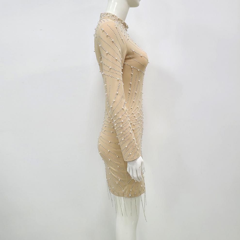 Heavy Industry Perlen Strass Stretch-Seitennaht Quasten Kurzarmkleid