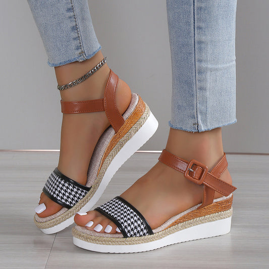 Hahnentrittmuster Sandalen Damen Sommer Schnalle Abendschuhe