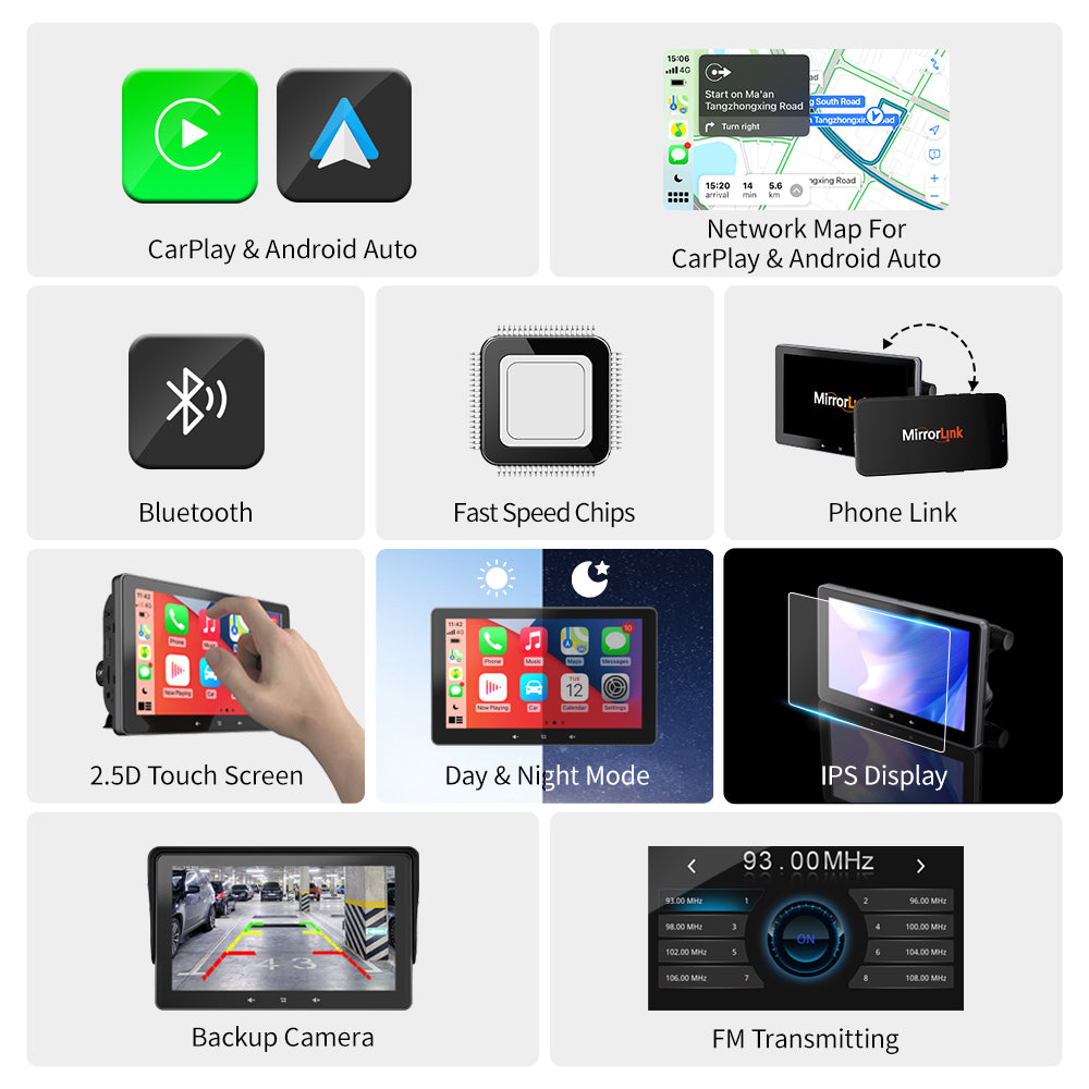 Écran CarPlay sans fil 7'' pour voiture, interface allume-cigare, ventouse universelle