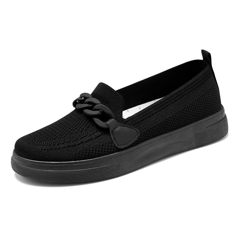 Flache Schuhe mit Kette für Damen, bequeme Slip-On-Schuhe mit runder Spitze