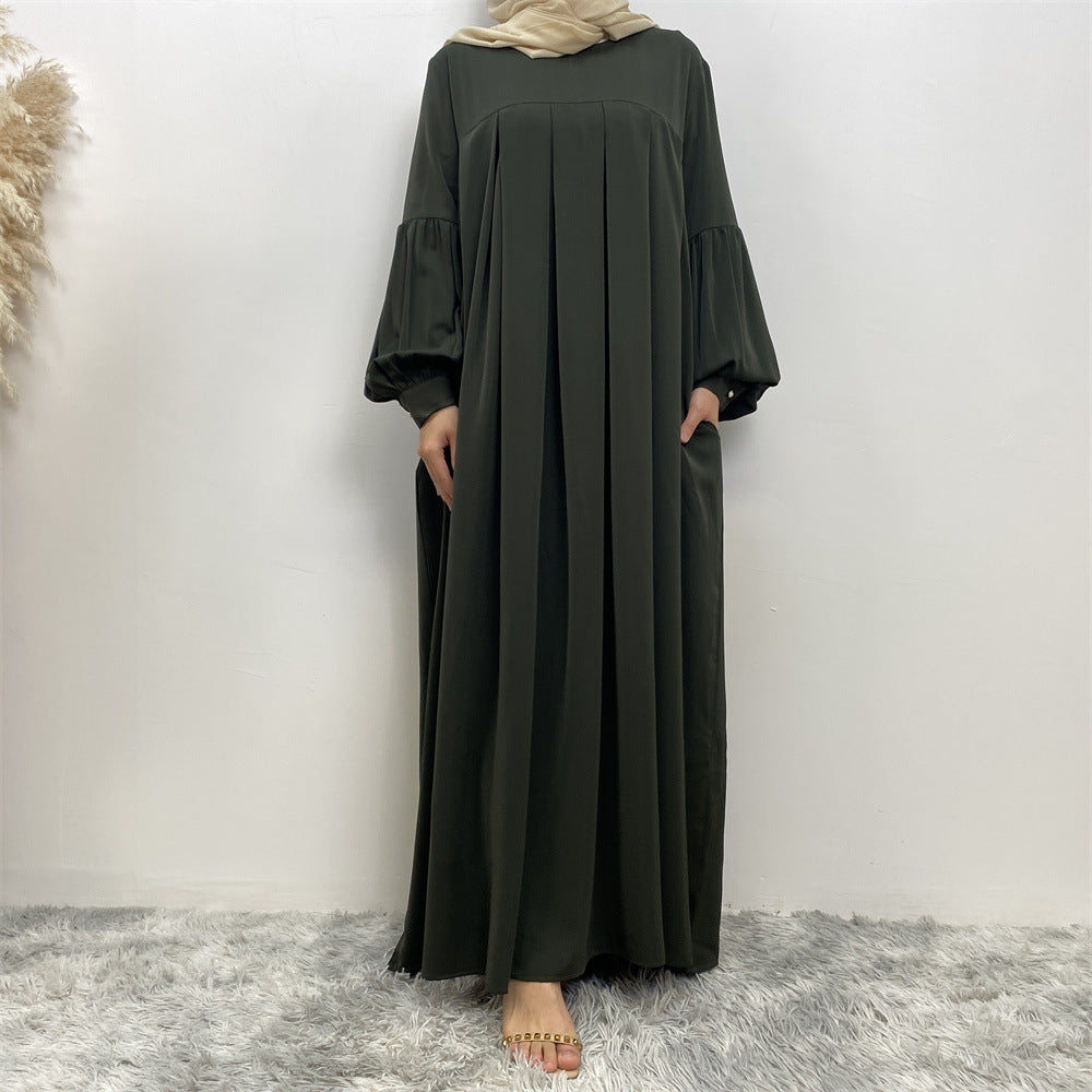 Robe musulmane plissée unie à col rond