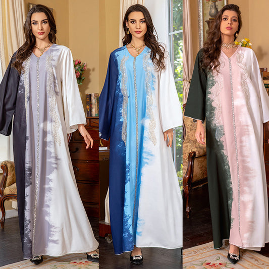 Stylish Pearl Embroidery Muslim Dress Tie Dye Rhinestone Robe for Eve