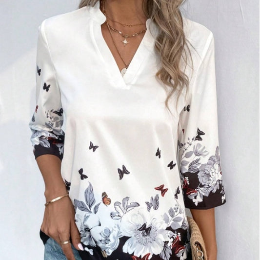 Damen T-Shirt mit V-Ausschnitt, Schmetterlings- und Blumendruck, 7/4-Ärmeln und Kontrast 