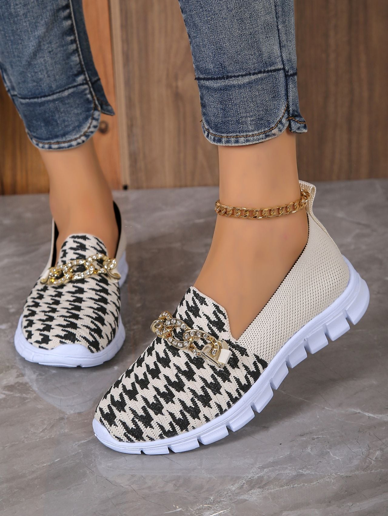 Lässige Hahnentrittmuster-Ketten-Mesh-Schuhe Sommer-Wandersport-Flachschuhe Damen Atmungsaktive Slipper