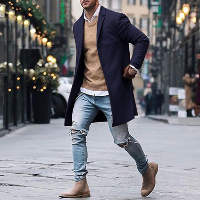 Herren Trenchcoat Winter Lang Jacken Mäntel Übermantel Klassische Jacken Einfarbig Slim Fit Oberbekleidung Hombre Herrenkleidung Khaki Schwarz