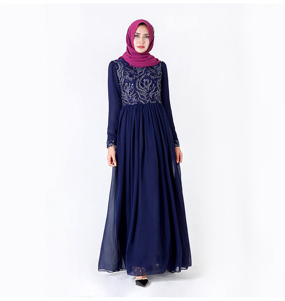 Robe longue musulmane brodée en dentelle à manches longues