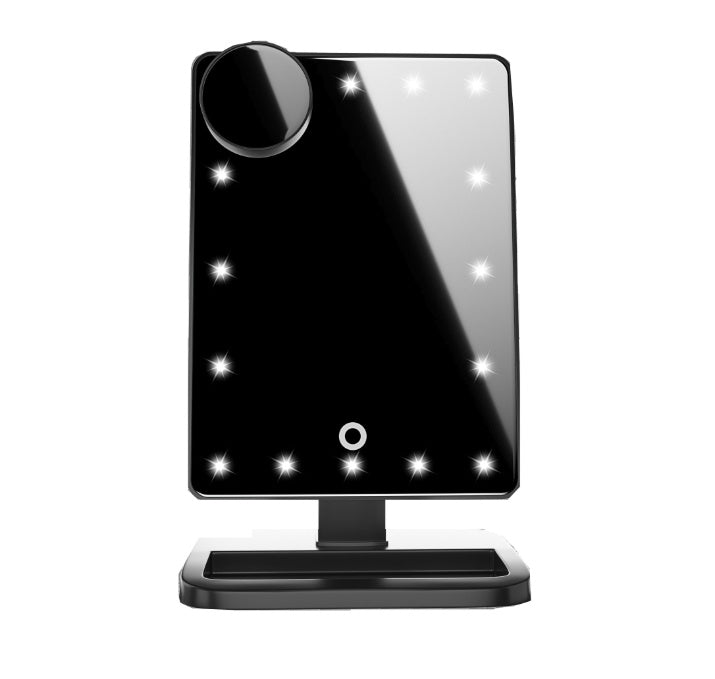 Kosmetikspiegel mit Touchscreen, 20 LED-Lichtern, Bluetooth-Musiklautsprecher, 10-facher Vergrößerungsspiegel und Beleuchtung