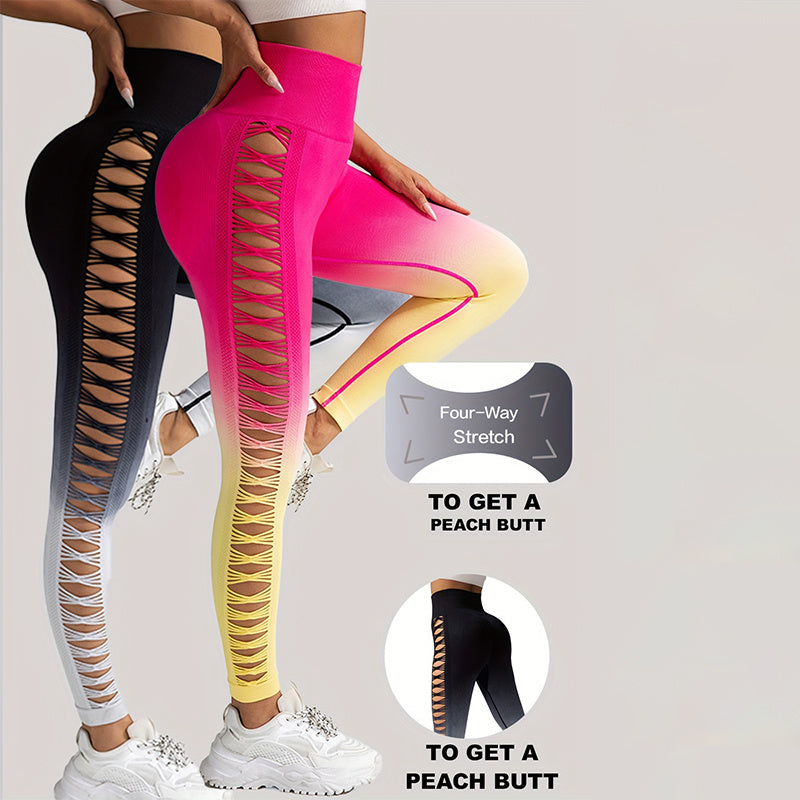 2er-Pack ausgeschnittene Ombre-Farbverlaufsfarben, hohle, hoch taillierte Po-Lifting-Fitness-Yogahosen für Damen, hoch taillierte Yogahosen für Damen mit Aussparungen, zerrissen, superweich und bequem, schmal