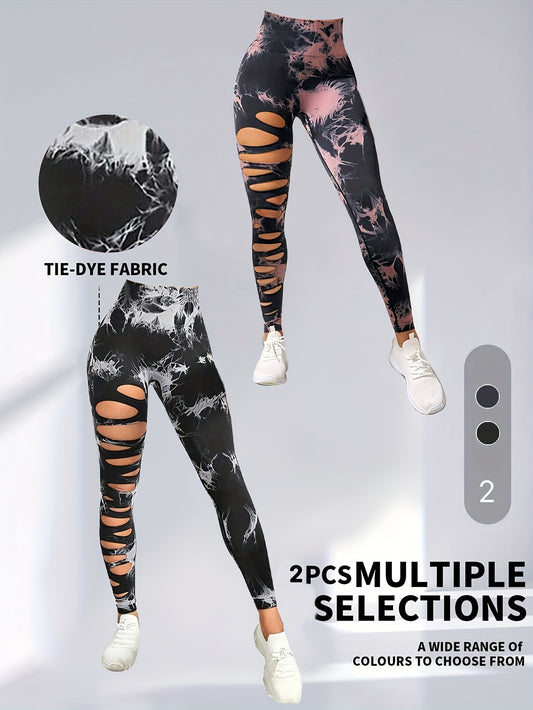 2er-Pack hohle, sexy, hochelastische Damen-Strumpfhosen mit Batikmuster und Ausschnitten, hohe Taille, Workout-Yoga-Leggings, elastische Scrunch-Po-Lifting-Hose, Bauchkontrolle, Po-Lifting, Workout-Yoga-Sporthose