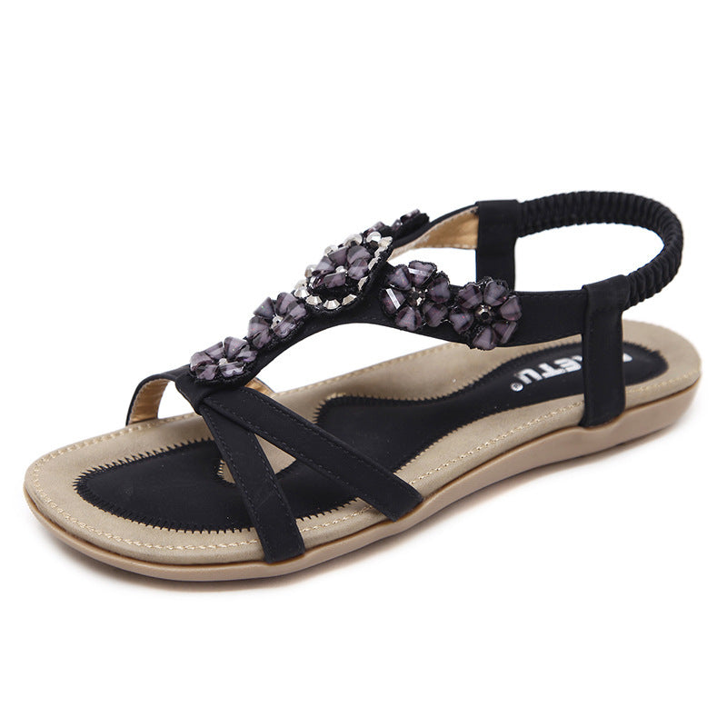 Sandalen Damen Bohemian Blumen Strass Flats Strandschuhe