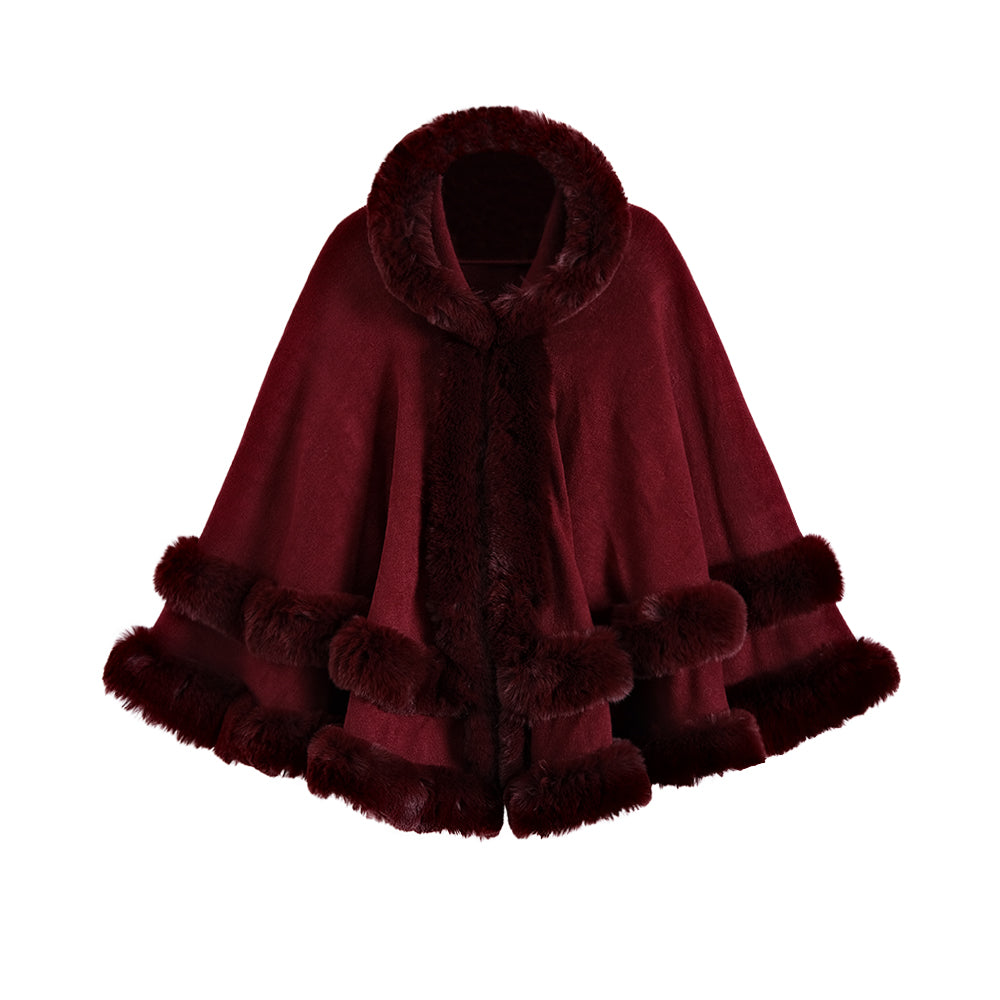 Oversized Knitted Cape Outer Shawl Artificial Fur Collar Hooded Warm Jacket