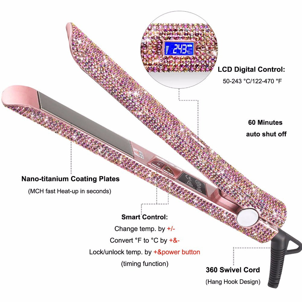 Fer Plat Professionnel à Paillettes Cheveux Plaques en Titane Lisseur Cheveux Diamant Outils Coiffure Cristal Chauffants