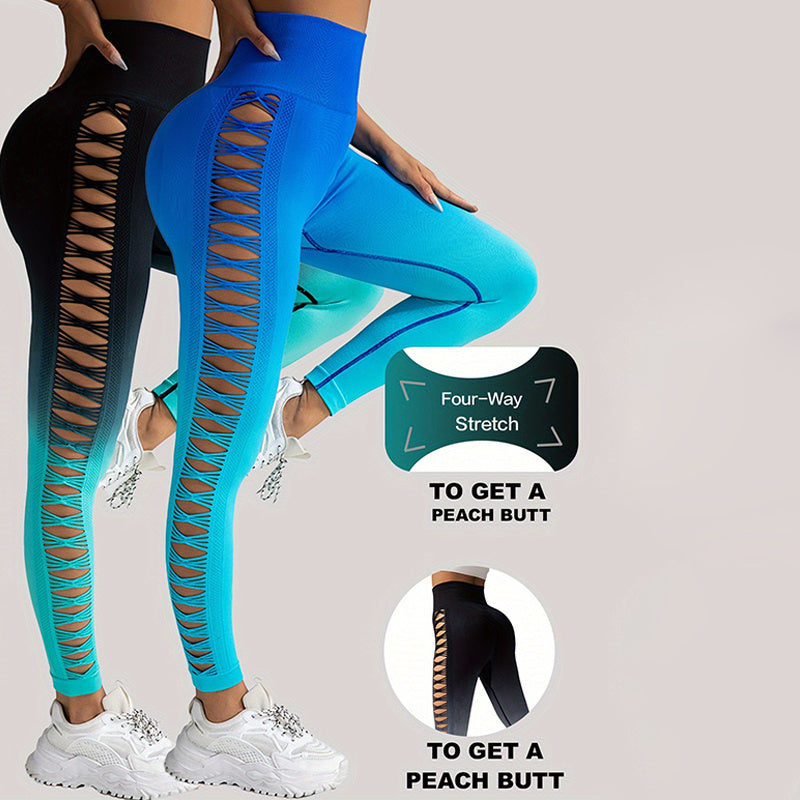 2er-Pack ausgeschnittene Ombre-Farbverlaufsfarben, hohle, hoch taillierte Po-Lifting-Fitness-Yogahosen für Damen, hoch taillierte Yogahosen für Damen mit Aussparungen, zerrissen, superweich und bequem, schmal