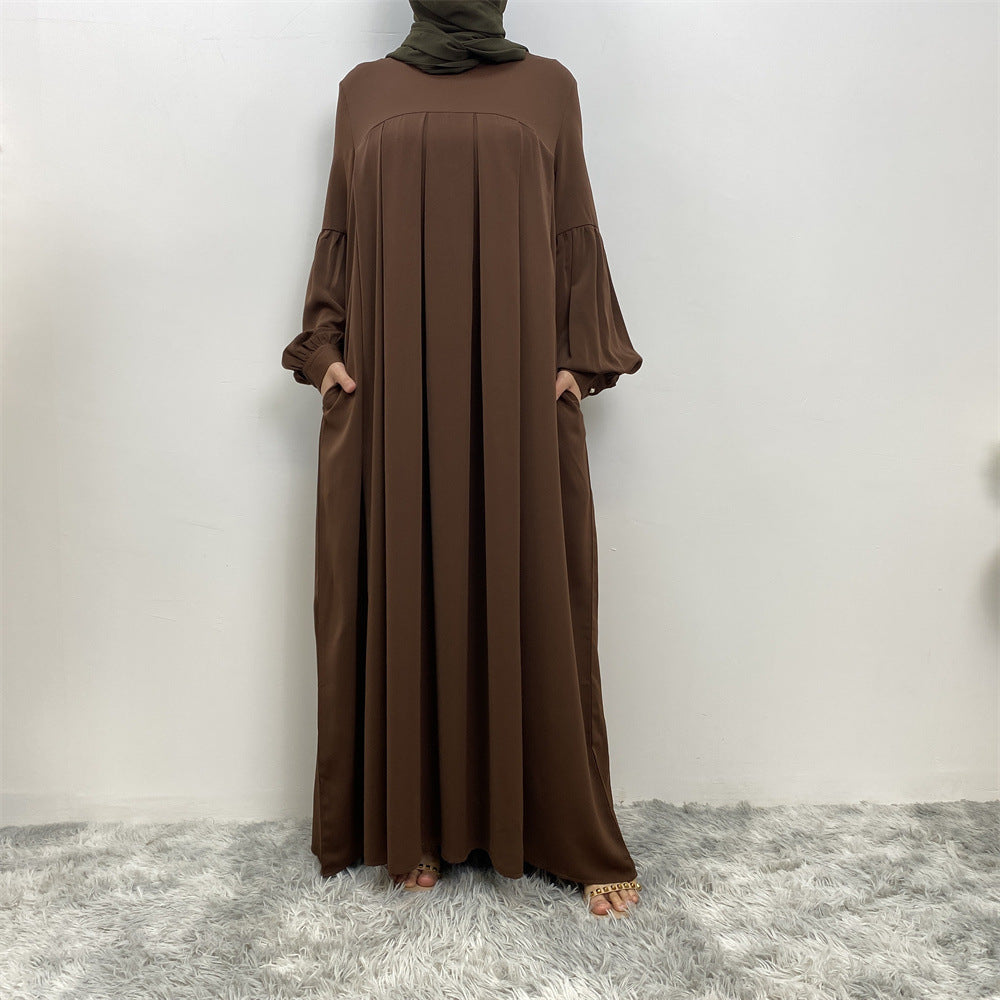 Robe musulmane plissée unie à col rond