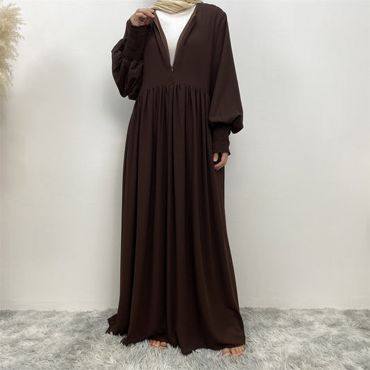 Stylish Muslim Simple Solid Color Pleated Elastic Chiffon Dress for E