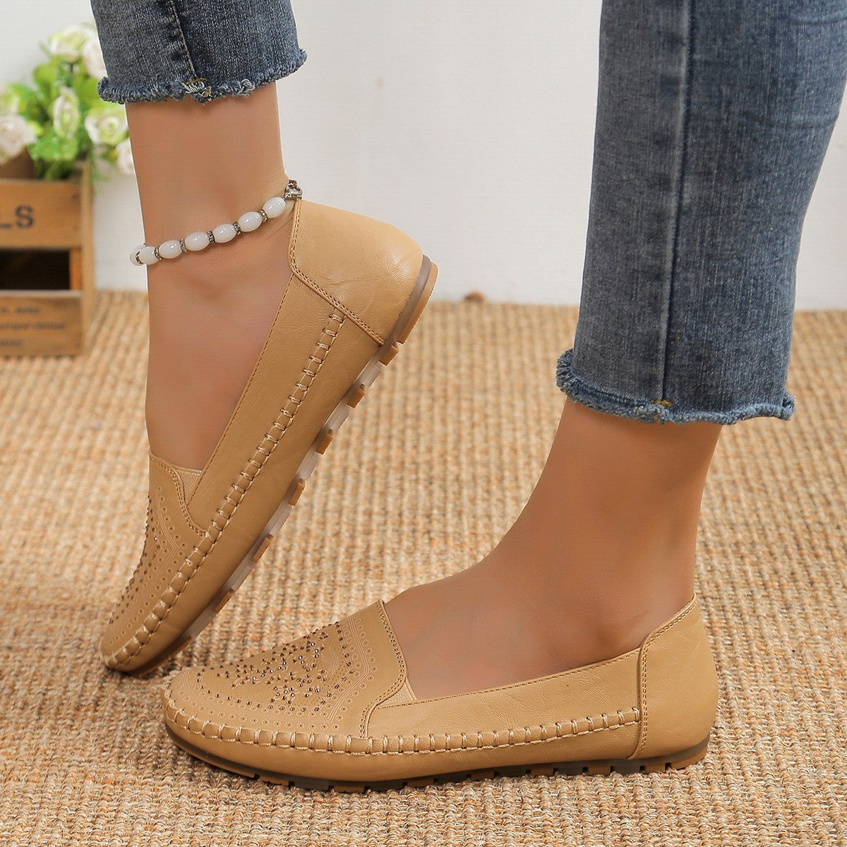 Chaussures décontractées pour femmes, cousues à la main, couleur unie, Gommino