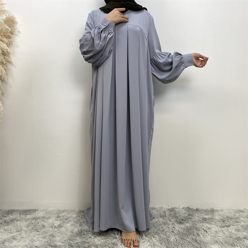 Robe musulmane plissée unie à col rond