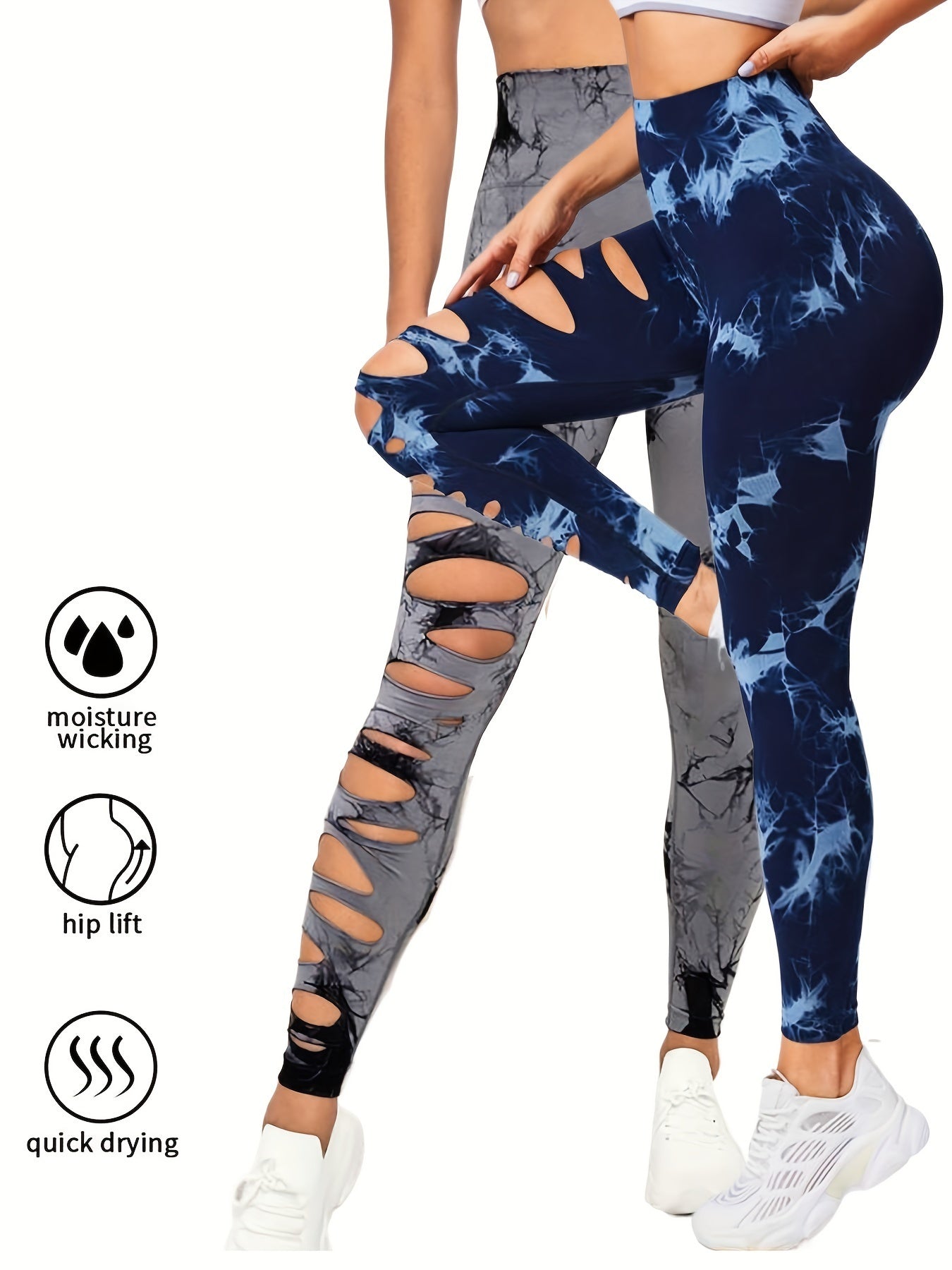 2er-Pack hohle, sexy, hochelastische Damen-Strumpfhosen mit Batikmuster und Ausschnitten, hohe Taille, Workout-Yoga-Leggings, elastische Scrunch-Po-Lifting-Hose, Bauchkontrolle, Po-Lifting, Workout-Yoga-Sporthose