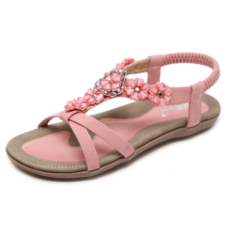Sandalen Damen Bohemian Blumen Strass Flats Strandschuhe