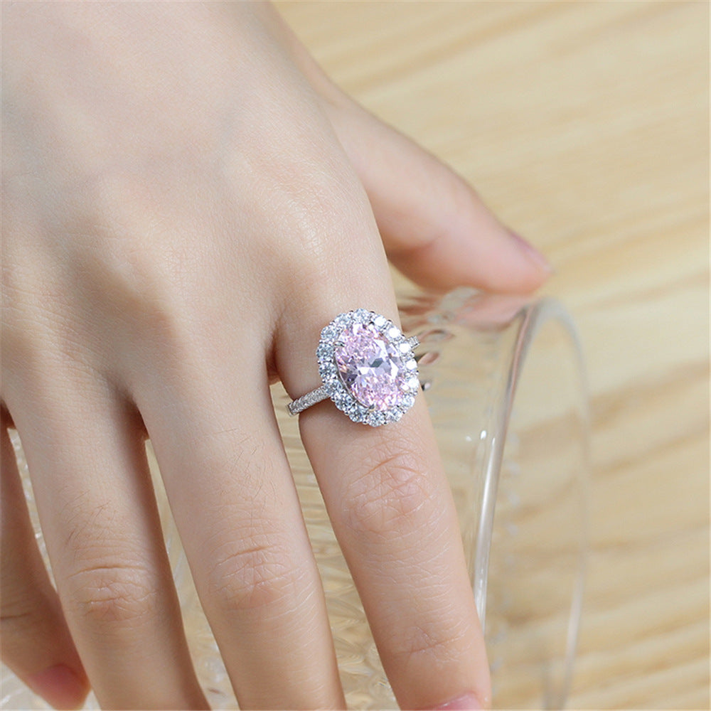 925 Sterling Silver Pink Diamond Egg-shaped Closed Wedding Ring European And American