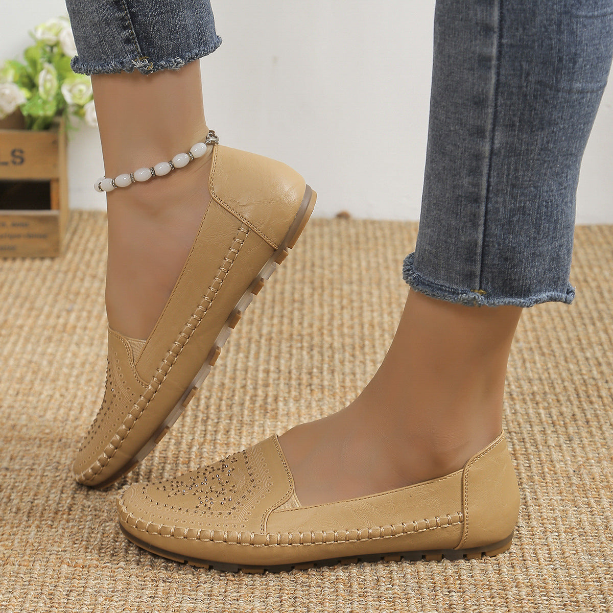 Chaussures décontractées pour femmes, cousues à la main, couleur unie, Gommino