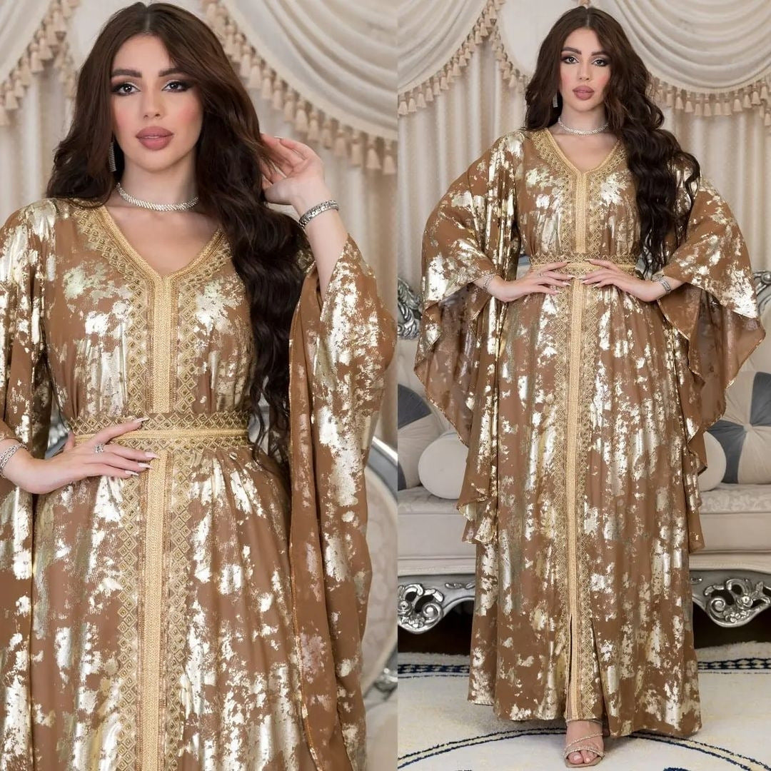 Stylish Muslim Chiffon Bronzing Robe Containing Belt Dress for Everyd