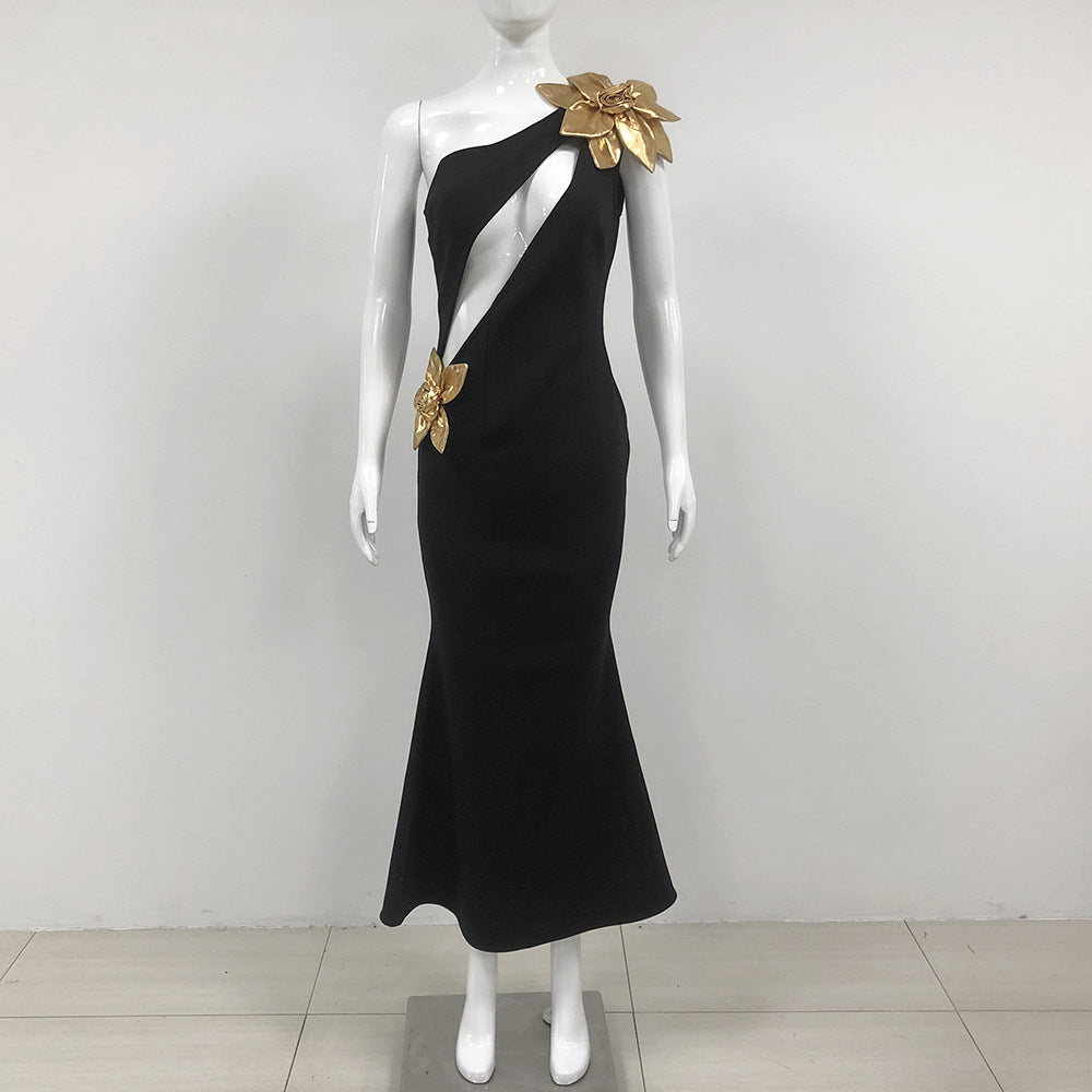 Stylish Slim Fit Bandage Golden Flower Maxi Dress for Everyday Wear
