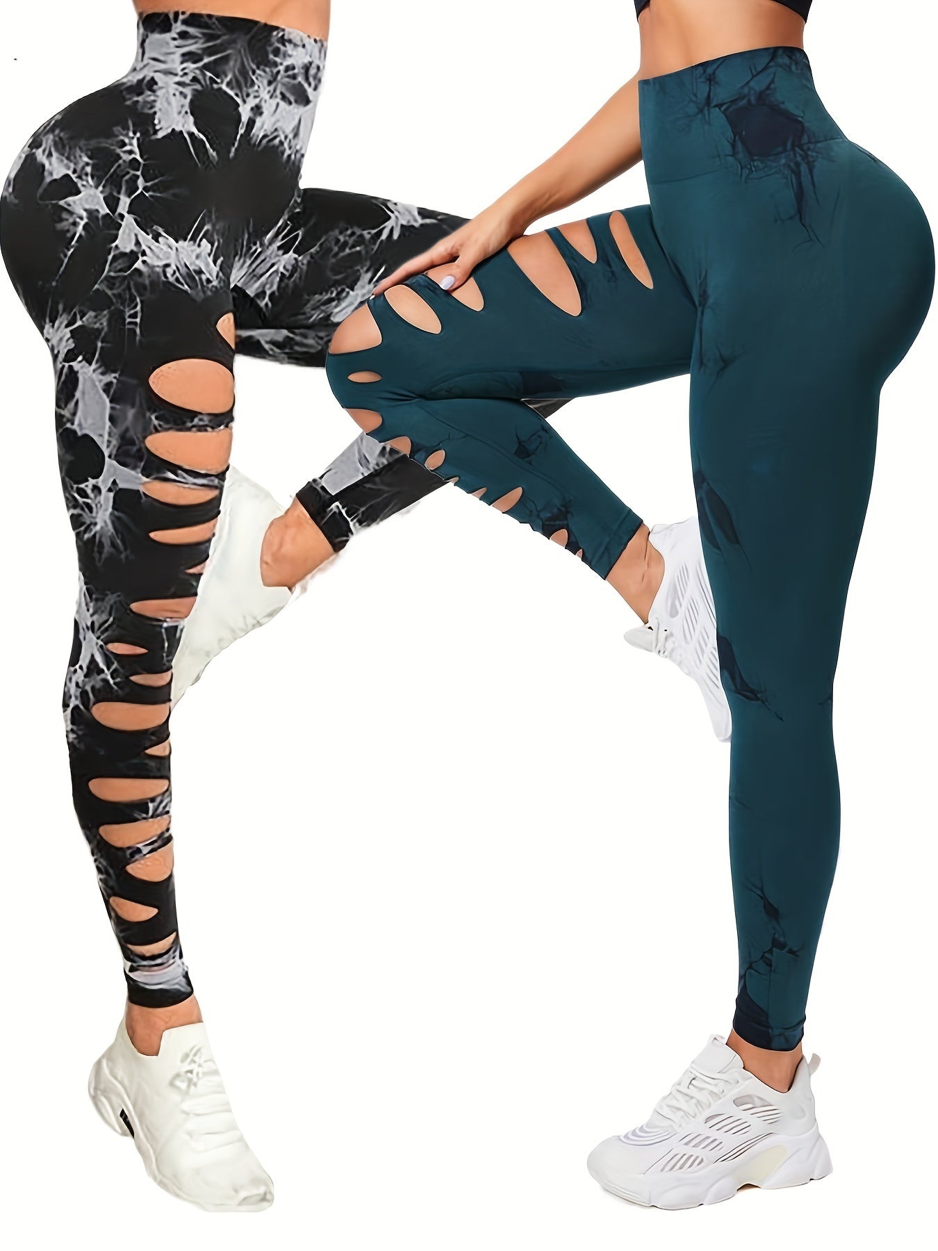 2er-Pack hohle, sexy, hochelastische Damen-Strumpfhosen mit Batikmuster und Ausschnitten, hohe Taille, Workout-Yoga-Leggings, elastische Scrunch-Po-Lifting-Hose, Bauchkontrolle, Po-Lifting, Workout-Yoga-Sporthose