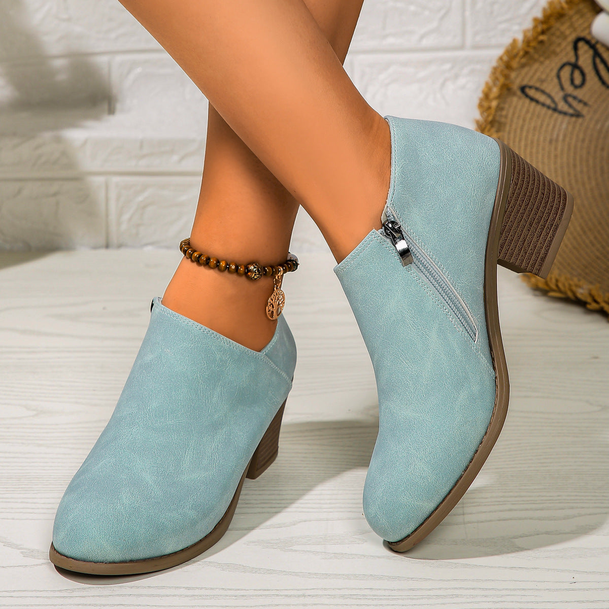 Stiefeletten mit klobigem Absatz und runder Spitze und seitlichem Reißverschluss-Design, modische kurze Stiefel für Damen im Herbst und Winter